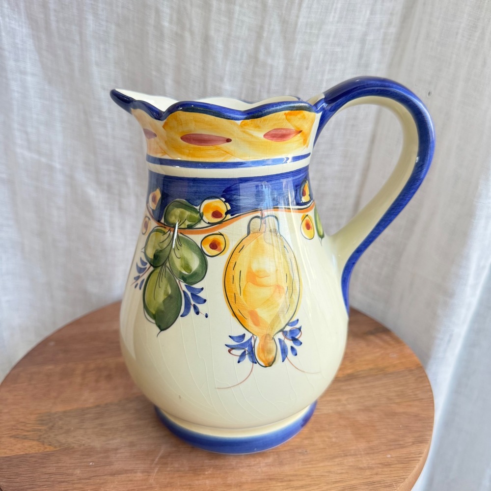 VTG J Wilifred‎ for Sadek Hand Painted Lemon Pitcher Blue Yellow Portugal 7 inch